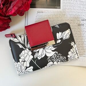 New TAHARI Floral Black and White Wallet with Red Accent